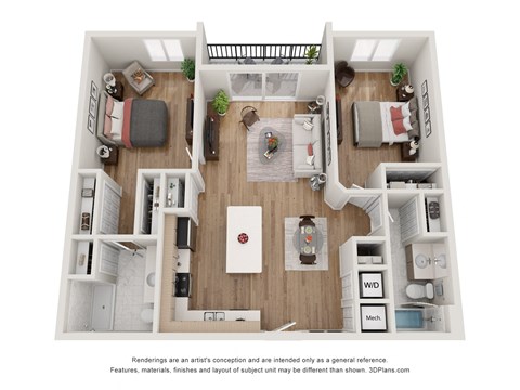 a 1 bedroom floorplan is shown in this rendering